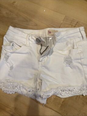 SO White Distressed Denim Shorts with Lace Trim